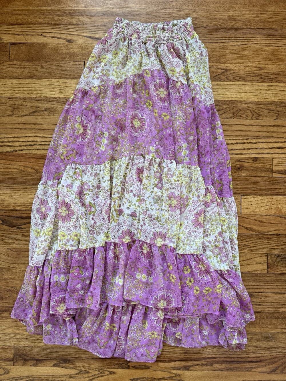 MISA Los Angeles Floral Tiered Smocked Maxi Skirt Purple Yellow Size XS